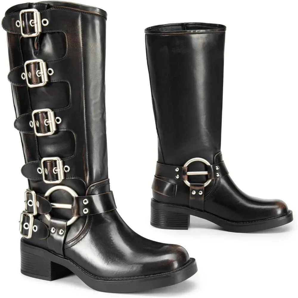 Women's Knee High Riding Boots Slip On Motorcycle Boot Fashion Buckle Biker Boot - Picture 5 of 7